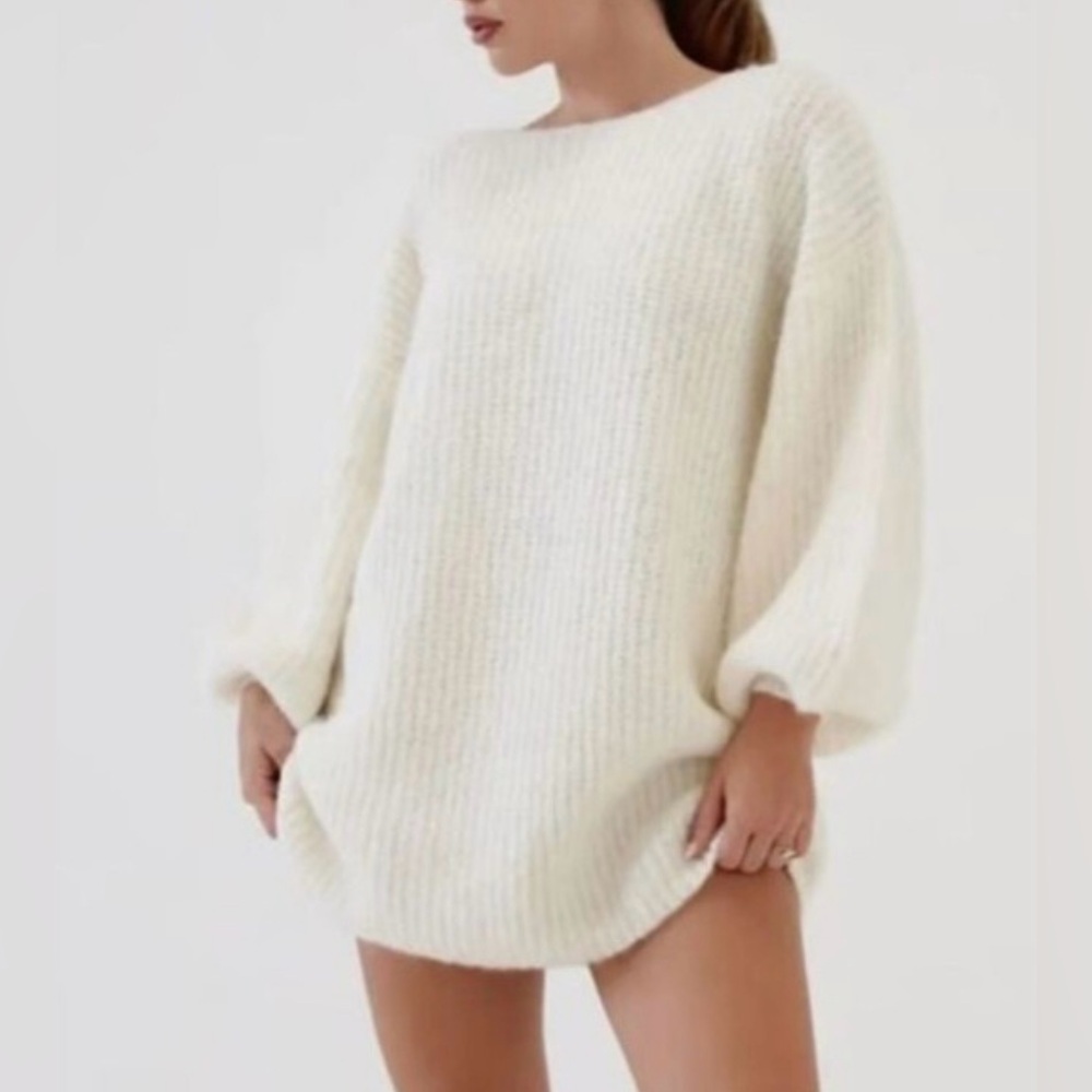 Rumored Revolve Milkshake Puff Sleeve Knit Oversized Mini Dress Size S NWT